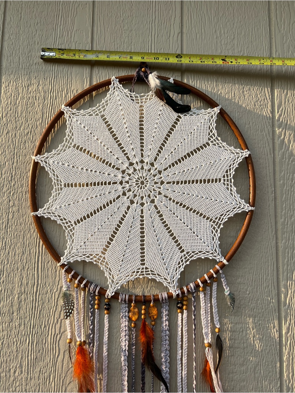Handmade White Crochet Dreamcatcher Wall Hanging with Brown Hoop Boho Western - Picture 6 of 16
